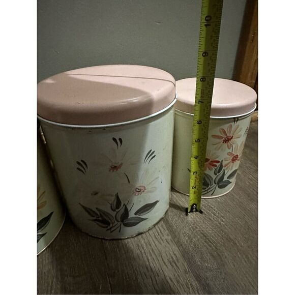 Vtg NC Colorware 60s Metal Kitchen Canister Set of 3 Flowers Beige Peach MCM - Picture 16 of 16